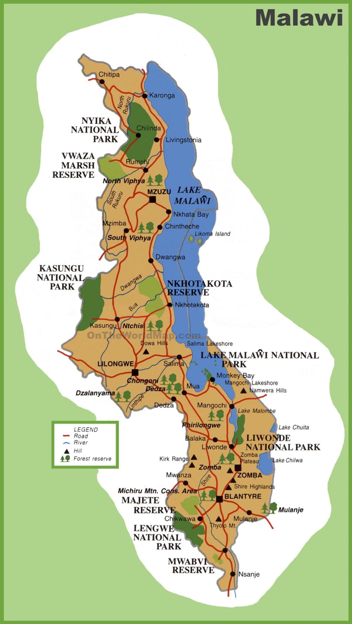 carte du Malawi et dans les pays environnants