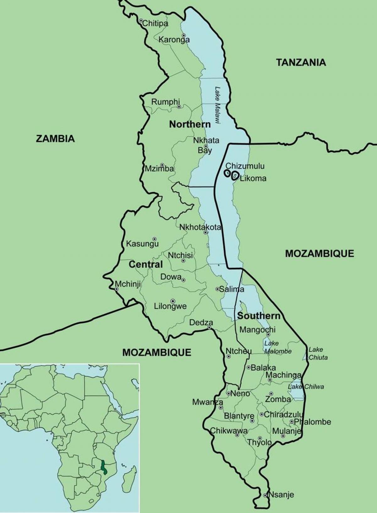 carte du Malawi montrant districts