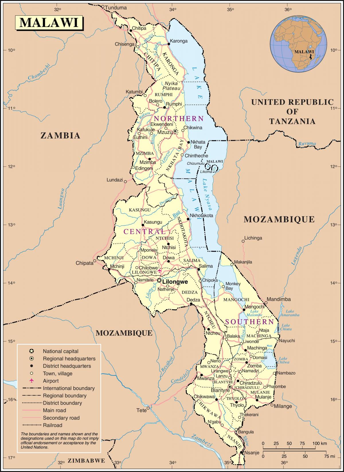 carte du Malawi montrant les routes